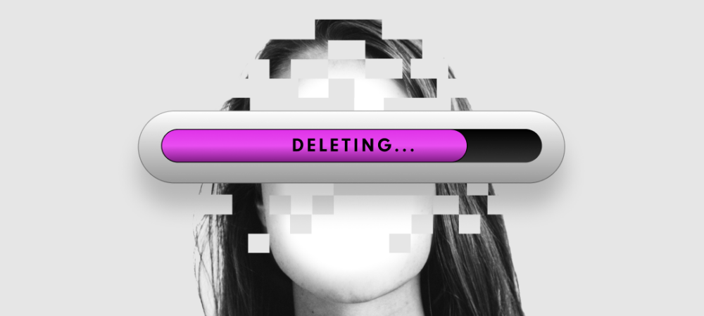 Female pixelated face with deleting progress bar.
